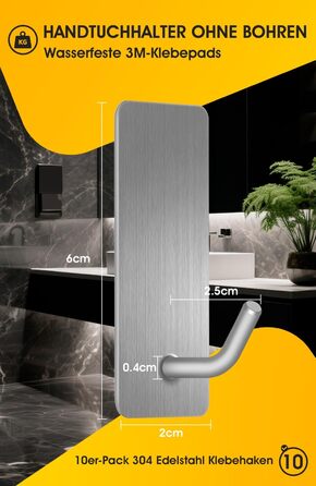 Набір гачків для рушників без свердління, 10 шт., самоклеючі гачки з нержавіючої сталі 304, міцні клейкі гачки для великих предметів, клейкі гачки для ванної, туалету та кухні, стійкі до іржі, срібні