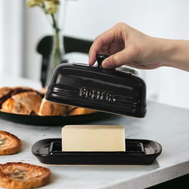 Ceramic Butter Dish with Lid for Countertop, 12.7 x 19.1 cm, Large Butter Container, Black Butter Holder for 2 Sticks, Butter Dispenser for Kitchen Countertop, Ceramic Butter Dishes with