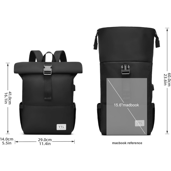 Чорний водонепроникний рюкзак YTL Rolltop з відділенням для ноутбука 17 дюймів. Ідеальний для подорожей, школи, університету та велоспорту.