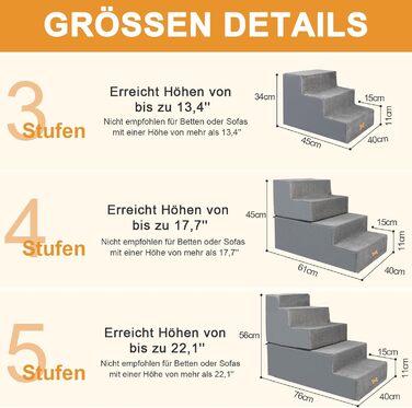 Non-slip Dog Stairs for Small Dogs 3-Step, Dog Stairs Dog Ramp for Bed and Sofa made of High-Density Sponge, Pet Stairs with Removable, Washable Cover and Non-Slip Bottom, 45x40x34cm