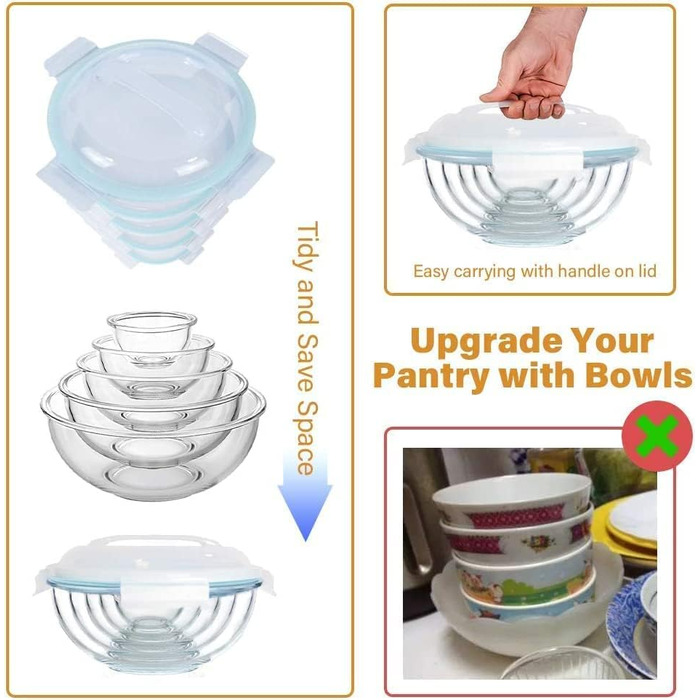 Luvan Glass Bowl Set with Lids, 5-Piece Glass Bowl Set (0.18L, 0.5L, 1.0L, 2.0L, 3.5L), Glass Salad Mixing Bowls Round, BPA-Free, for Cooking, Baking, Preparing, and Storage