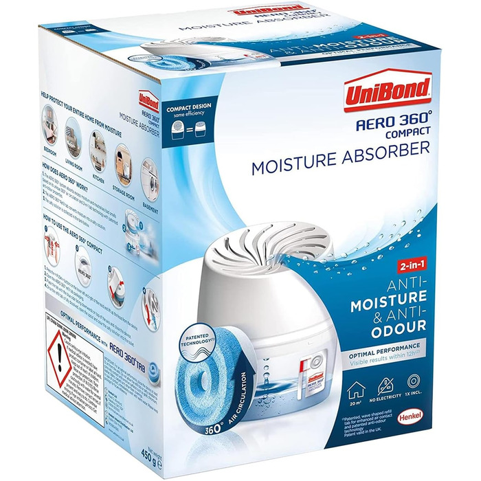 Unibond Aero 360 Compact Moisture Absorber, ultra-absorbent dehumidifier helps prevent condensation and musty odors, 1 unit included with 1 refill tablet 450 g in each box, bulk pack