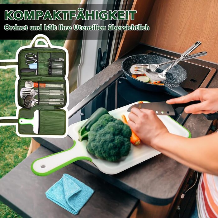 Набір кухонних аксесуарів для кемпінгу Eaststorm з водонепроникною сумкою. Підходить для кемпінгу, альпінізму, походів. Компактний та портативний. Темно-зелений колір.