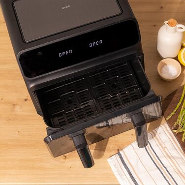 Фритюрниця без олії Cecotec Cecofry Advance 9000 Window 9L. Потужність 2200W, рухома перегородка, подвійний контроль температури 80-200ºC, вікно, PerfectCook, чорний колір, 1 кошик