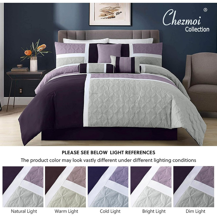 Комплект постільної білизни Chezmoi Collection Upland 7-частинний, стегане покривало, дизайн пэтчворк, лаванда/сірий/фіолетовий, розмір Queen