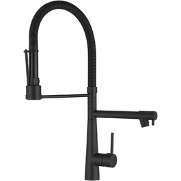 LED кухонний змішувач з спіральною пружиною, 360° обертання, 2 виходи, висувний, для кухні, з душем, високий тиск, матовий нікель, чорний (56.8 см)