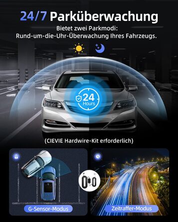 Dashcam CIEVIE C200: 4K, IPS 1.5', WiFi 5G, 64GB, 360° обертання, WDR, Нічне бачення, Паркування 24/7, G-сенсор, Loop, 170°