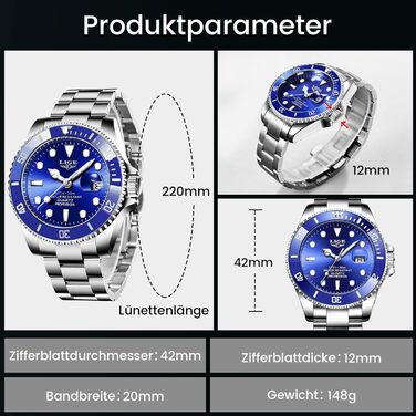 Годинник LIGE чоловічий, аналоговий кварцовий годинник з нержавіючої сталі, 3ATM (30м) водостійкий, з календарем та світловим покриттям, для бізнесу та відпочинку (блакитний)