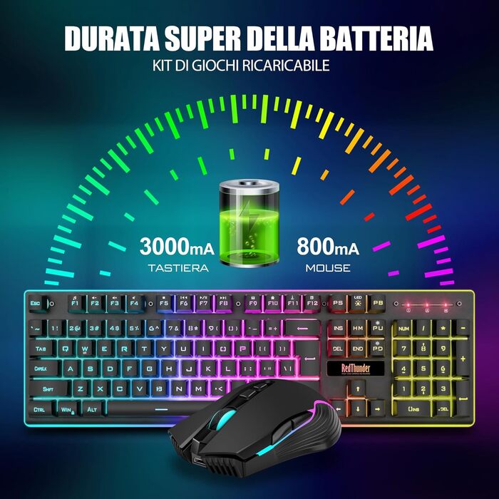 Бездротова ігрова клавіатура та миша RedThunder K10 з підсвічуванням LED, акумулятор 3800 mAh, механічне відчуття, Anti-Ghosting, миша 3200 DPI, QWERTY-розкладка, для PC, чорний колір