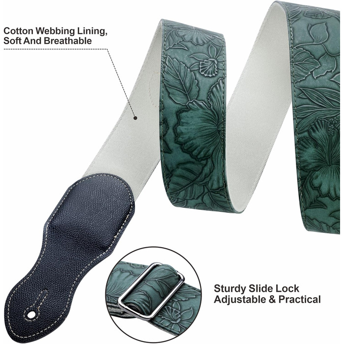 Гітарний ремінь Nefelibata з кишенькою для медіатора, 2.3-дюймовий шкіряний ремінь у стилі Porter, якісна шкіра, вінтажний стиль 60-х, вестерн, з медіаторами, кнопками та застібками. Регульована довжина: 42-66 дюймів. Колір: C# - Зелений