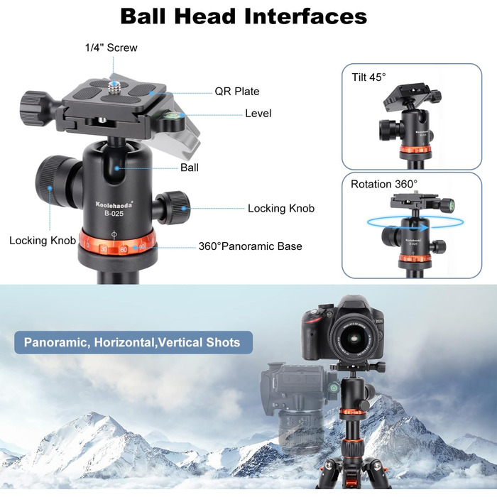 Міні штатив Koolehaoda для камери з алюмінію, 63 см, портативний, з кульковою головкою 360° та QR-платформою для DSLR/відеокамер, до 10 кг (Помаранчевий)