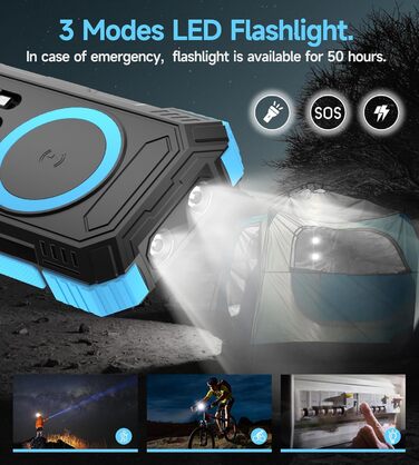 Портативний зарядний пристрій Solar Powerbank 56800mAh з бездротовою зарядкою, 30W PD, 6 виходів, ліхтарик, для кемпінгу та подорожей (Синій)