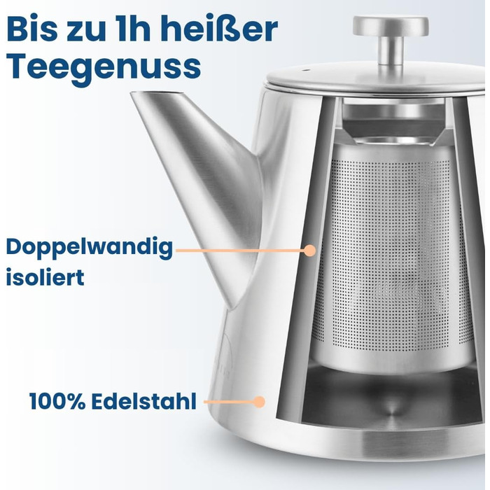 Заварник для чаю Teekanne з ситечком, 1 л, нержавіюча сталь, з функцією підігріву та пробковим підстаканником, двостінний чайник для листового чаю та трав'яних настоїв