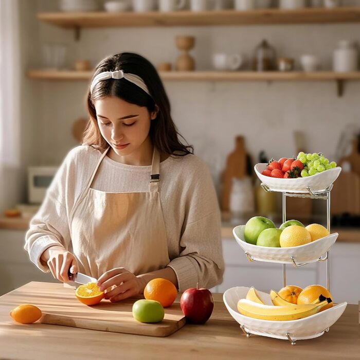 Багатоярусна фруктова тарілка Acliys 3 яруси з кераміки для кухні, зберігання фруктів, овочів, снеків, десертів