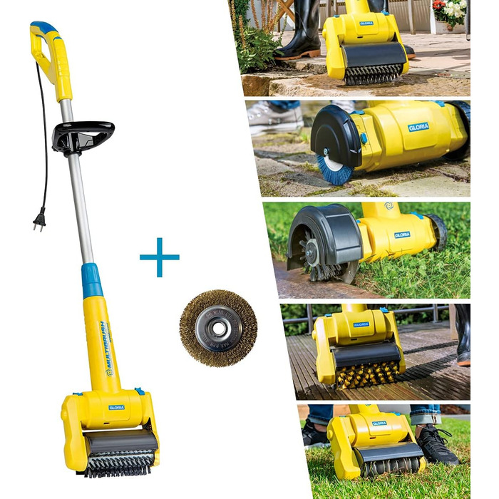 Електрощітка Gloria MultiBrush Speedcontrol — багатофункціональний інструмент для видалення бур'янів, очищення каменю, дерева, швів, підрізки країв газону, аерації та вертикутування, комплект з 2 насадками