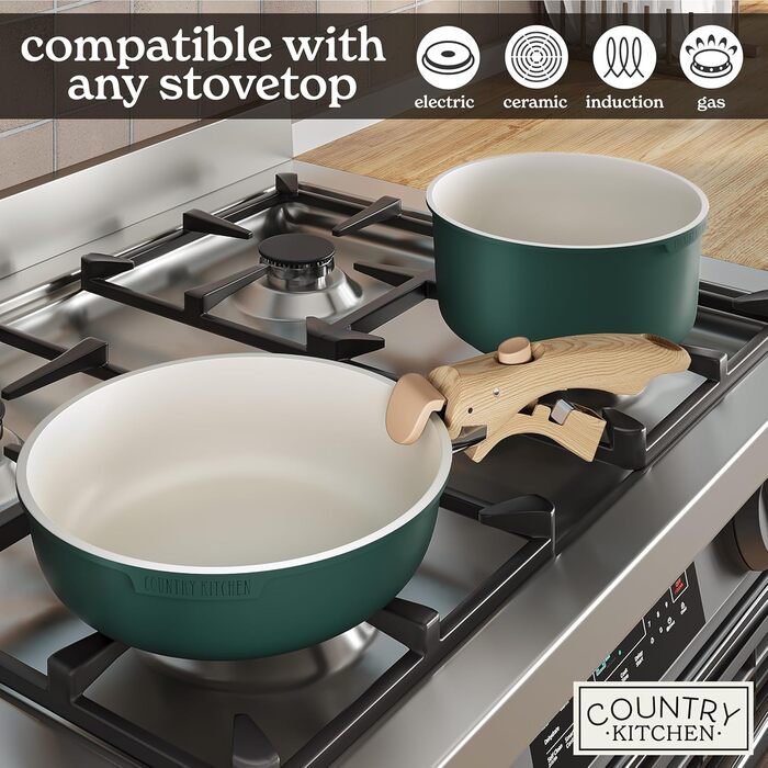 Набір посуду Country Kitchen 13 предметів: каструлі та сковорідки з антипригарним покриттям, знімний ручка, для кухні, кемпінгу, духовки (сіро-зелений)