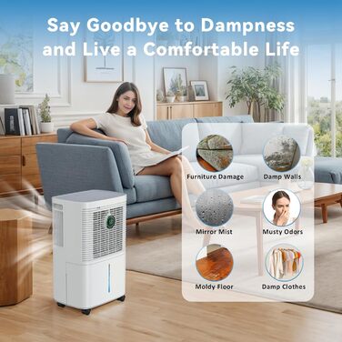 Invito Dehumidifier Electric 12L/24h with Digital Humidity Display, 24H Timer, Continuous Drainage, Room Dehumidifier, Laundry Drying, Suitable for Apartments/Basements