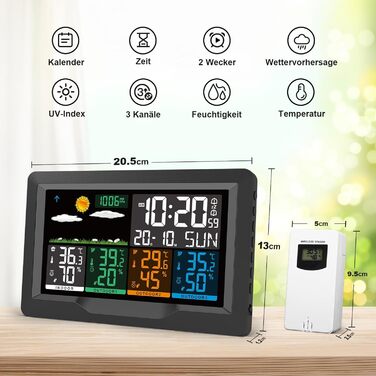 Jelly Weather Station Radio with 3 Outdoor Sensors, Color Display, Radio Weather Stations Indoor Thermometer Hygrometer Outdoor Thermometer Station, Radio Weather Station with Weather Forecast, Temperature, Humidity