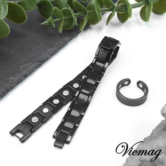 Браслет магнітний чоловічий Vicmag з титанової сталі, подвійний ряд магнітів, регулюється, з подарунковою коробкою (однорядний, чорний)