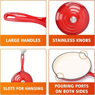 Набір чавунної емальованої посуду Denmay 7 предметів: голландська піч, сковорода, каструля для тушкування, соусник, 3 кришки, червоний. Підходить для всіх типів плит.