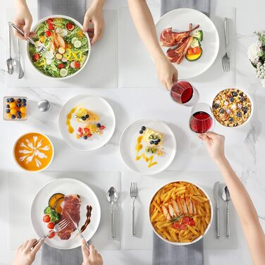 MALACASA, Leah Series, Dinnerware Set for 4 People, 12-Piece Porcelain Tableware Set Combination Set White, Dishware with Raised Edge consisting of 4x Dinner Plates, 4x Dessert Plates, 4x Cereal Bowls White, 12-Piece