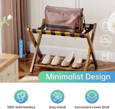 SMIBUY Luggage Rack, 2-Piece Set, Folding Bamboo Suitcase Stand with Shelf for Guest Room, Bedroom, Hotel, Heavy-Duty (Walnut)