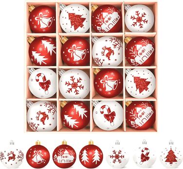 Шарм-кулі для ялинки з пластику, 16 шт. Червоні та білі прикраси для ялинки з стрічкою, декор до Різдва