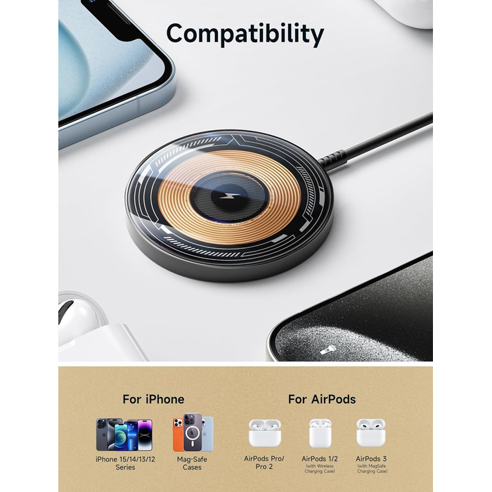 Бездротовий зарядний пристрій JSAUX MagSafe 15W для iPhone 17 Air Pro Max, iPhone 16/15/14 13 12, AirPods 3/2, Синій (прозорий)