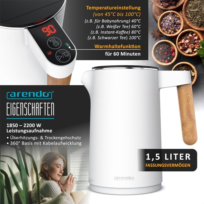 Набір Arendo: чайник з регулюванням температури та тостер на 4 скибочки з підігрівом для бутербродів - нержавіюча сталь, білий матовий