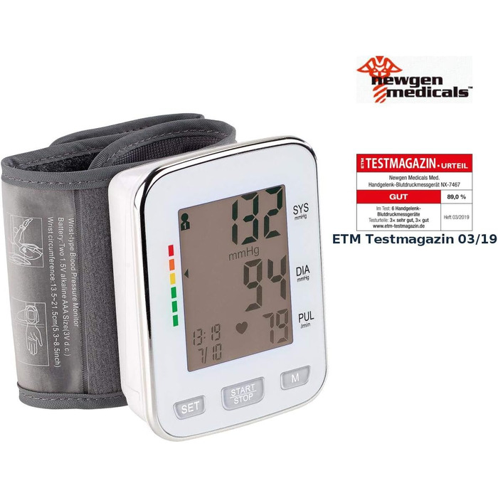 Тонометр на зап'ясті Newgen Medicals: медичний, великий дисплей, 2x 60 місця для пам'яті