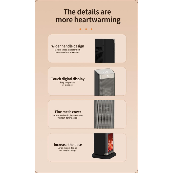 Електрична теплова гармата з пультом керування 2000W, 23 дюйми, 70° осциляція, 3D-полум'я, LED-дисплей, ECO-режим, таймер 12 годин - для дому, колір сріблястий