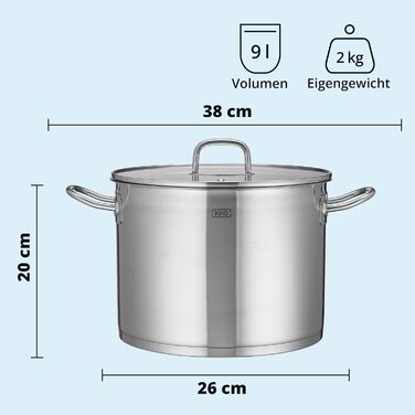 KHG каструля 26 см, 9 л, індукційна, з нержавіючої сталі, з прозорою кришкою — великий суповий та овочевий посуд, підходить для всіх плит, можна мити в посудомийці
