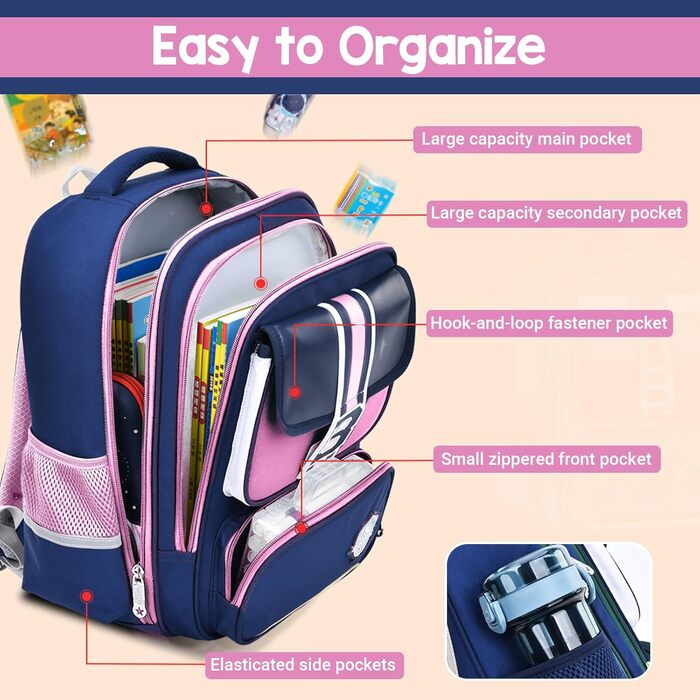 Шкільний рюкзак для хлопчика IvyH, 2-5 клас, 20 літрів. Ергономічний дитячий рюкзак для початкової школи, водонепроникний. Підходить для хлопчиків 8-12 років (темно-синій, рожевий)