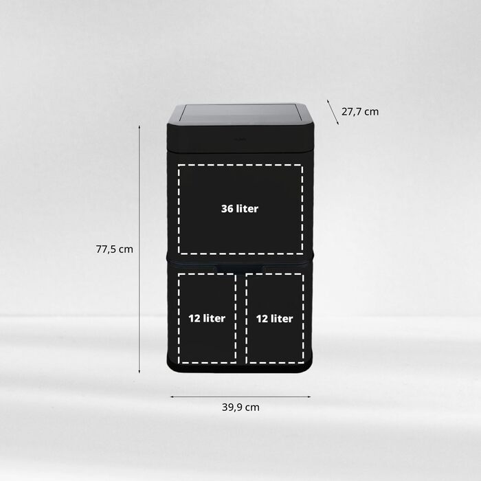 Сортувальний відро для сміття FLINQ Senzaro Sensor 3 відділення (2x12л + 36л) 60л - Автоматичне, Нержавіюча сталь, Чорний