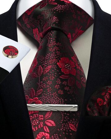 Чоловічий краватковий комплект: краватка з квітковим візерунком пейзлі, нагрудна хустинка, затискачі для краваток та запонок. Чорно-червоний колір, подарункова коробка.