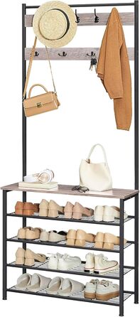 HOOBRO Coat Rack, Shoe Shelf with Coat Rack, Clothes Rack with Shoe Storage, Shoe Cabinet with 5 Shelves, for Entryway, Dark Brown EBF80MT01G2 (Greige + Black)