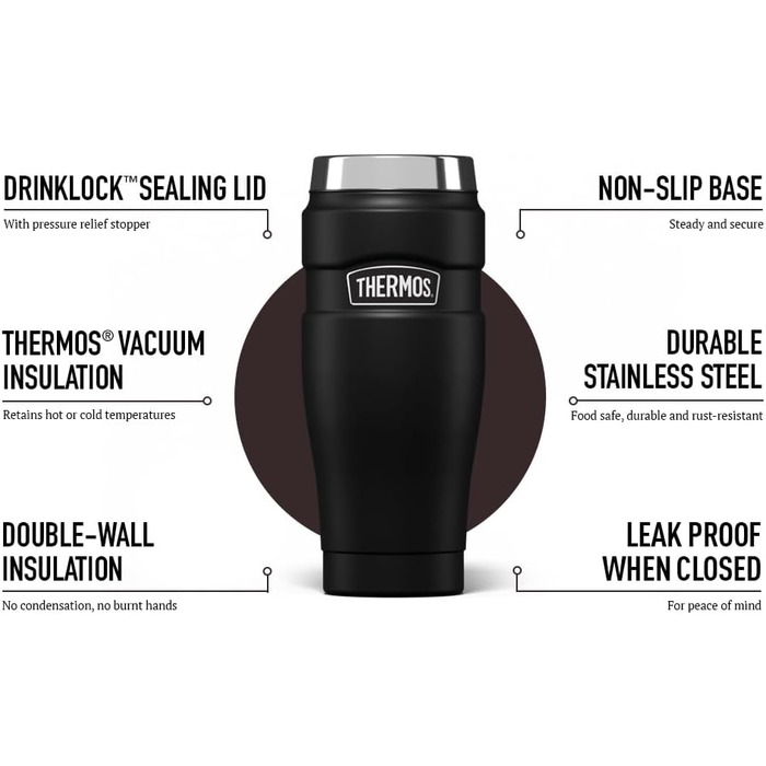 Термос King Reise-Thermobecher: термокружка з нержавіючої сталі, 470 мл, матовий чорний колір