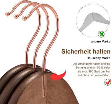 HOUSE DAY Wooden Clothes Hangers, 32 Pack, Walnut Wood Hangers, Walnut Clothes Hangers, Wooden Hangers, Clothes Hangers, Stable Clothes Hangers, Swivel Clothes Hangers, 44.5cm Wide, with Notch, Roségold Hook