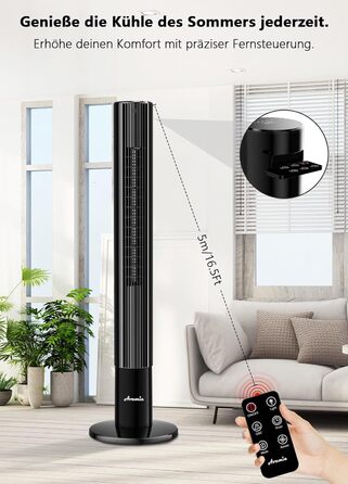Безлопатевий вентилятор вежа Leiser 110 см, 26 дБ, 3 швидкості, LED-дисплей, таймер 12 год для спальні, вітальні, офісу