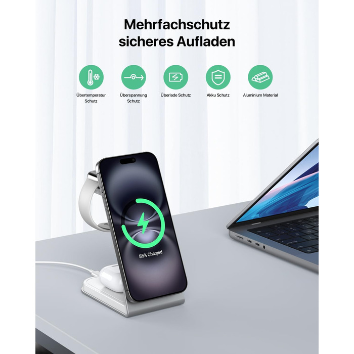 Зарядний стан MagSafe 3 в 1: для Apple Watch, iPhone та AirPods Pro 3/2. Бездротова зарядка для iPhone 16/15/14/13/12 (срібло)