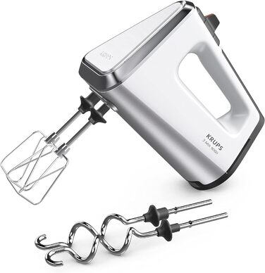 Krups GN9101 3 Mix 9000 Hand Mixer | 750 Watt | Powerful | Speed Control | Turbo Mode | Pulse Function | Ergonomic Handle | Long Cord | Includes Whisk and Dough Hooks | White/Silver 750 Watt Single