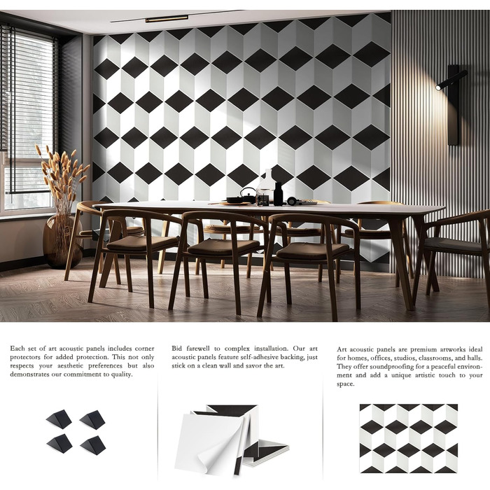 Акустичні панелі JBER для стін самоклеючі, шумопоглинаючі 3D-панелі для студії, офісу та дому, гексагональні (12 шт), 30×30×1 см, чорно-білі
