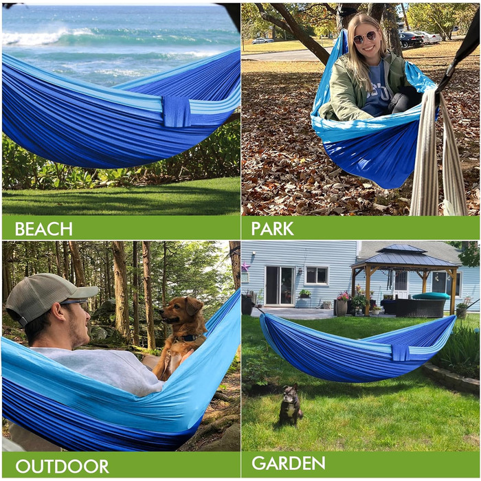 Гамак для відпочинку на відкритому повітрі, кемпінгу, 2 особи, 300 x 200 см, ультралегкий, портативний, для подорожей, вантажопідйомність до 300 кг, сапфірово-блакитний, нейлон, дихаючий