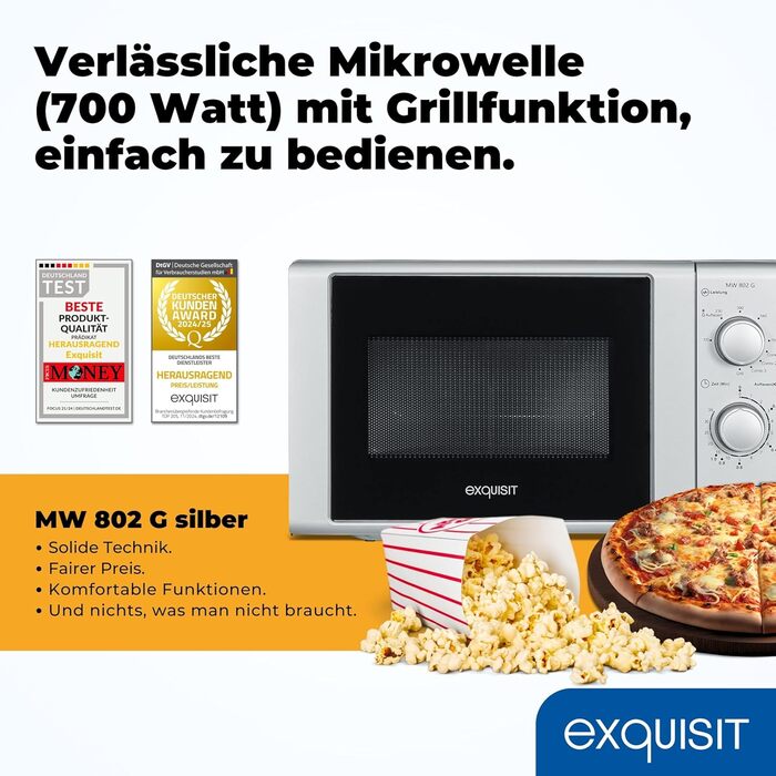 Мікрохвильова піч Exquisit MW 802G, 20л, 1000W, гриль, срібна