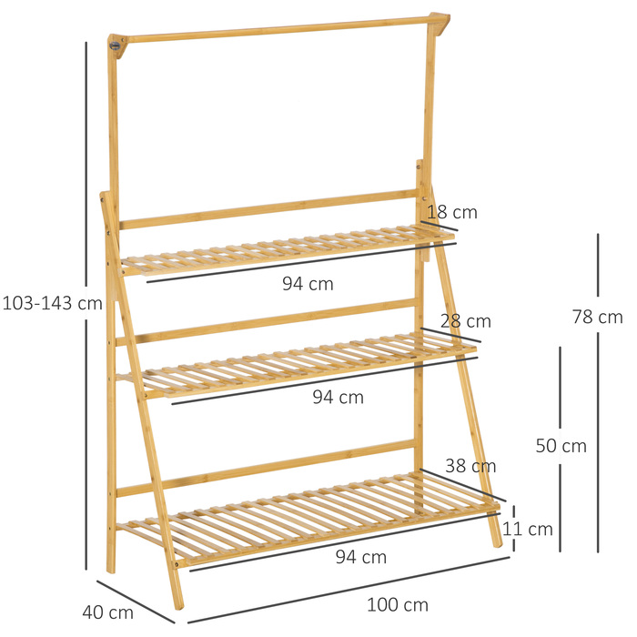 Outsunny Wooden Flower Ladder Shelf - Adjustable Height Plant Stand, Hanging Bamboo Natural Indoor/Outdoor Decor, 100 x 40 x 143 cm