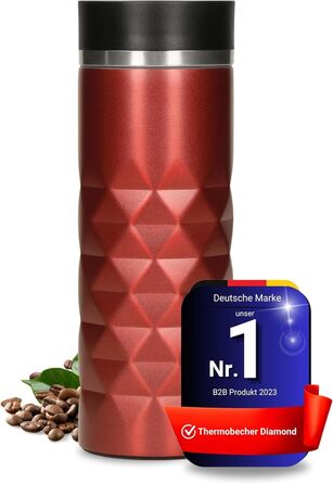 Термокружка Diamond з нержавіючої сталі Elasto Premium 450 мл, з кнопкою, витіканнями, BPA-free, для гарячих та холодних напоїв, матова блискуча (Рубіново-червона)