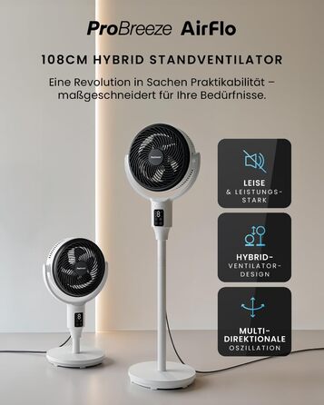Standventilлятор Pro Breeze AirFlo 109 см з пульт. керування та LED-дисплеєм – 2 режими, гойдання, 29 дБ, регулювання висоти, енергоефективний для спальні, офісу та дому.