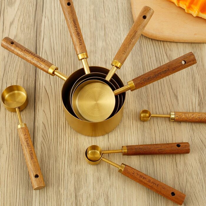 8-Piece Gold-Colored Measuring Cup and Spoon Set with Wooden Handle, Portable, Reusable, Stainless Steel Measuring Spoon Set with 8 Curved Hooks for Kitchen, Home, Baking