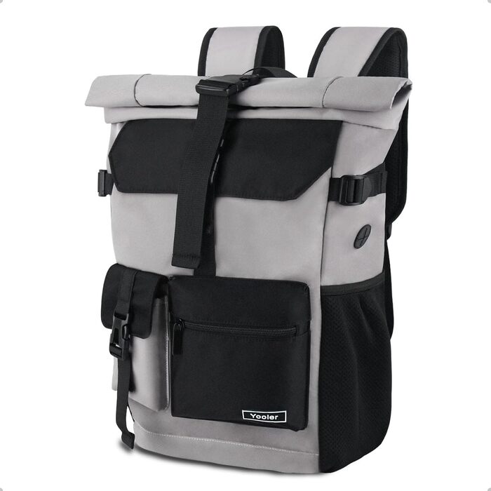 Roll-top Backpack Waterproof, 27L Large Backpack Men Women, School Backpack with 17.3 inch Laptop Compartment, Travel Backpack Hiking Backpack for Business Work University Travel Leisure (Gray)