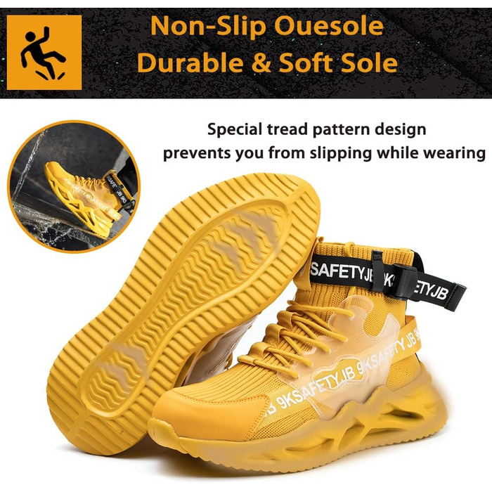 Черевики безпеки Nasogetch для чоловіків та жінок. Легкі, дихаючі, антиковзкі спортивні черевики з металевим підноском, жовті, 39 EU